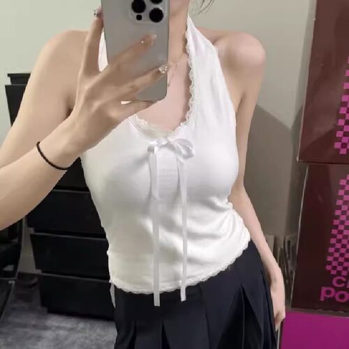 BM风白色花边领结挂脖背心女新款