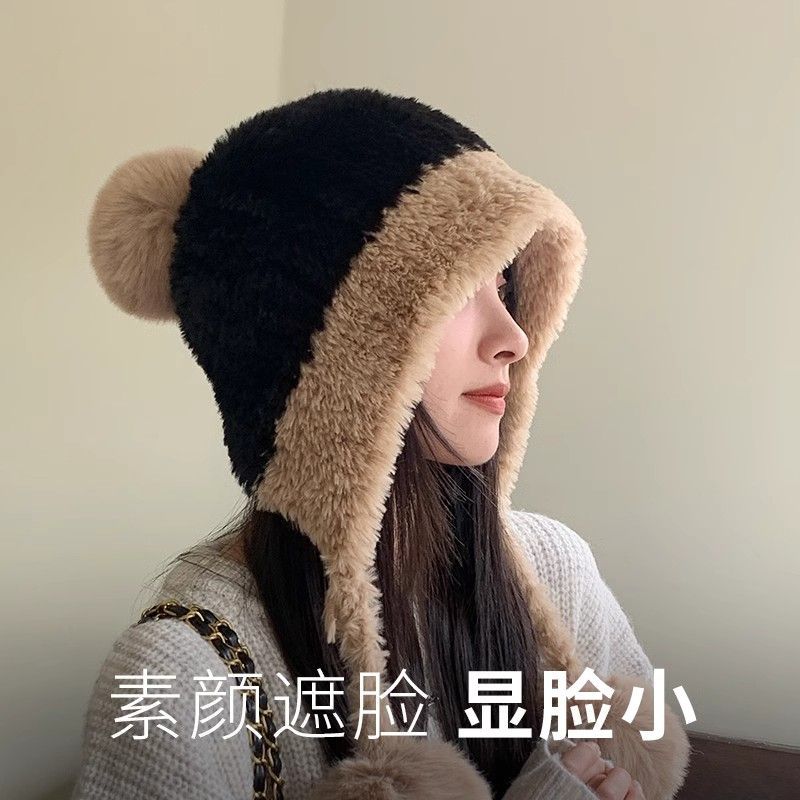 冬季可爱小熊毛球毛绒帽女款加绒护耳雷锋帽子女保暖包头帽毛线潮