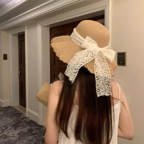 法式款蕾丝蝴蝶结大檐防晒草帽女