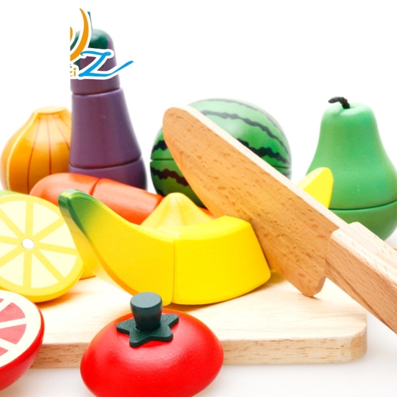聚诚过家家木制仿真水果磁性切切看桶装切切乐木制益智玩具积木