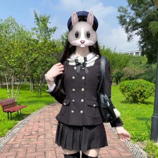 樱禾少女/酱酱猫jk制服原创正版秋冬收腰长袖西装黑色刺绣套装