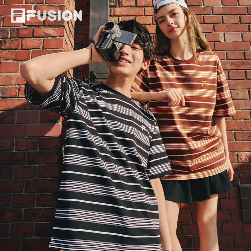 FILA FUSION斐乐情侣条纹短袖T恤女夏季百搭休闲宽松上衣
