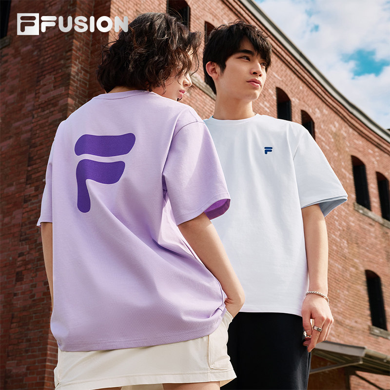 FILA FUSION斐乐潮牌情侣短袖T恤男女2025夏纯色宽松