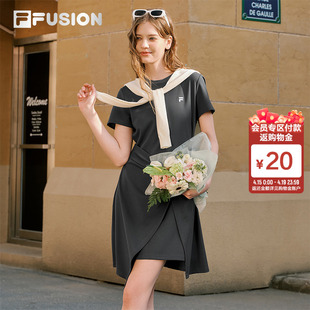FILA FUSION斐乐潮牌连衣裙女2026夏季新款修身中长款不规则T恤裙