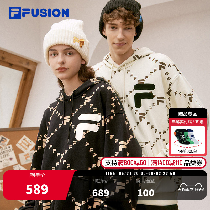 FILA FUSION斐乐潮牌情侣老花卫衣男女时尚套头衫宽松休闲上衣