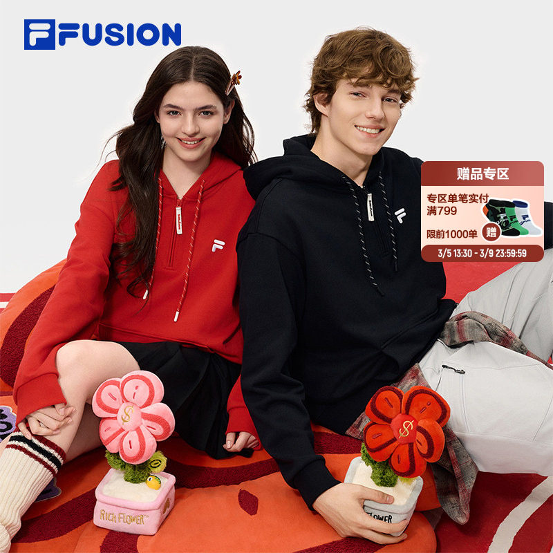FILA FUSION斐乐情侣连帽运动卫衣女2026春季新款新年红色上衣男