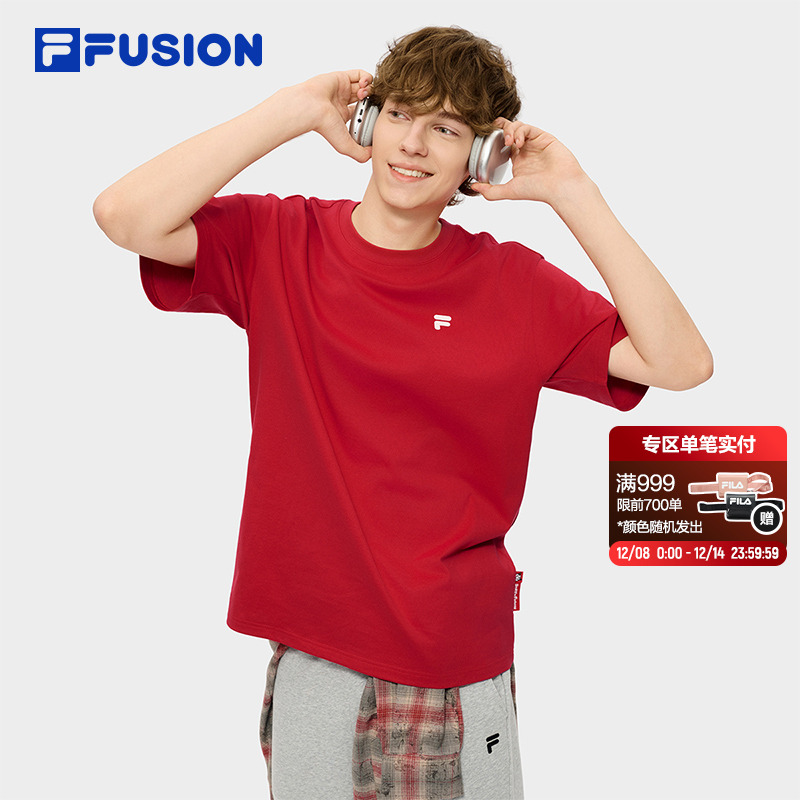 FILA FUSION斐乐潮牌短袖T恤女2026春季新款新年红色纯棉男子上衣