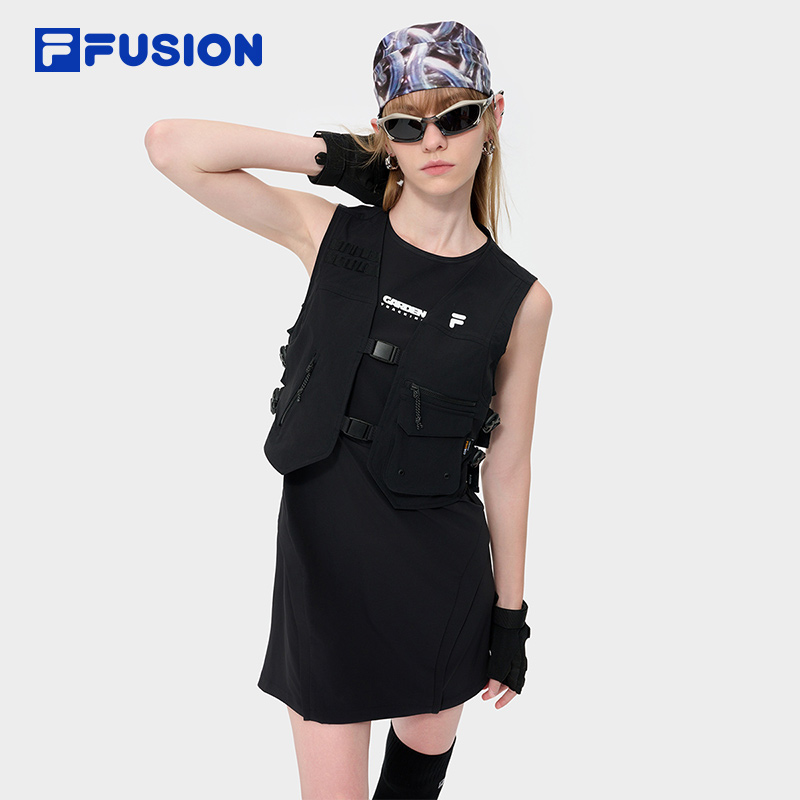FILA FUSION斐乐潮牌女子连衣裙马甲两件套春夏款修身裙通勤套装