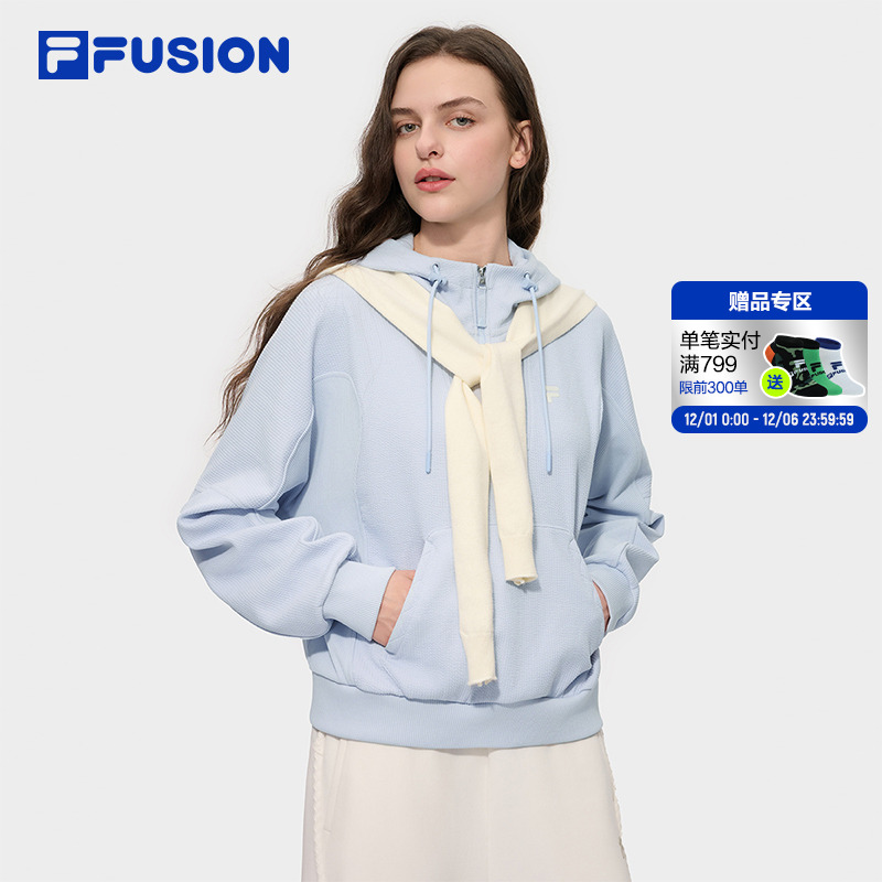FILA FUSION斐乐潮牌女子连帽卫衣2025冬季新款时尚宽松针织上衣