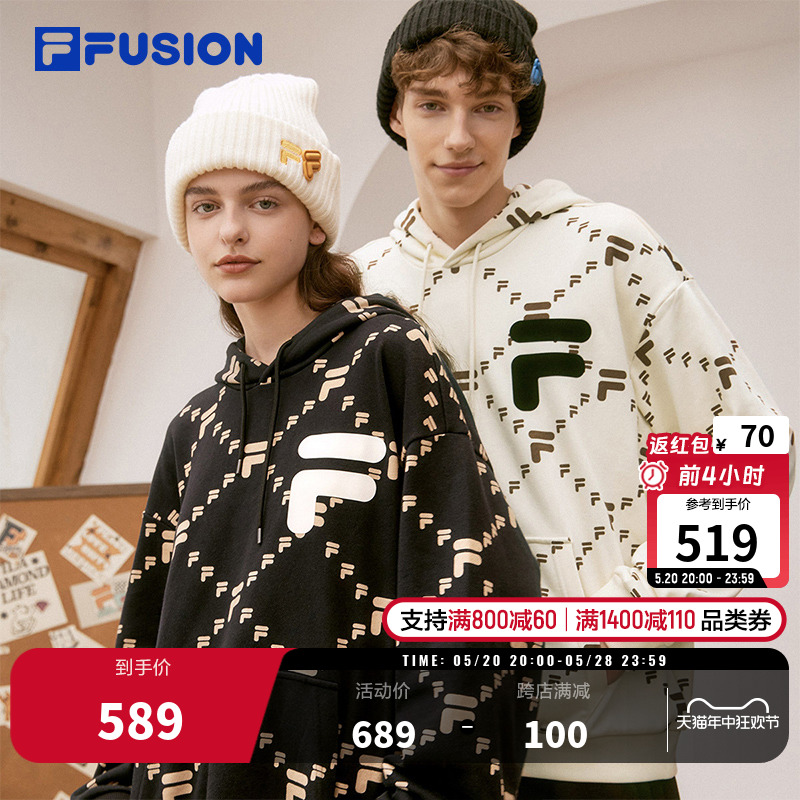 FILA FUSION斐乐潮牌情侣老花卫衣男女时尚套头衫宽松休闲上衣