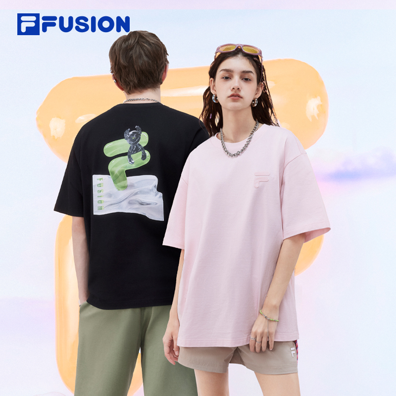 FILA FUSION斐乐潮牌情侣短袖女子夏季款休闲潮流印花宽松男士t恤
