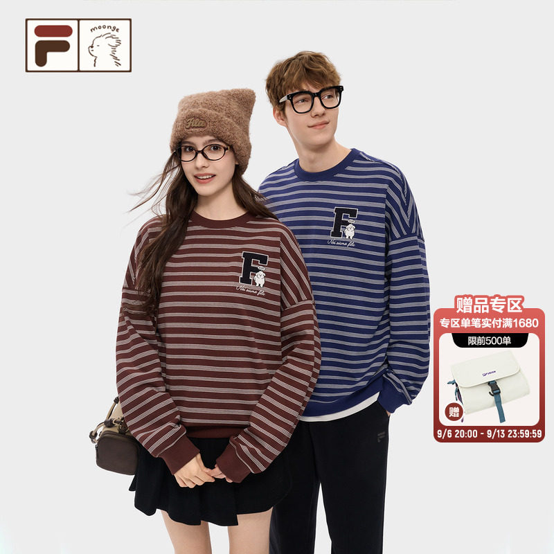 FILA FUSION｜潦草小狗联名情侣条纹卫衣女宽松套头衫圆领上衣男