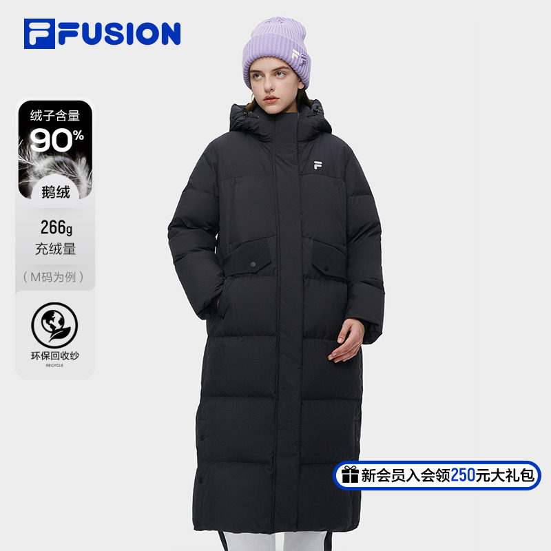 fila fusion斐乐潮牌鹅绒长款羽绒服女冬季保暖时尚连帽外套