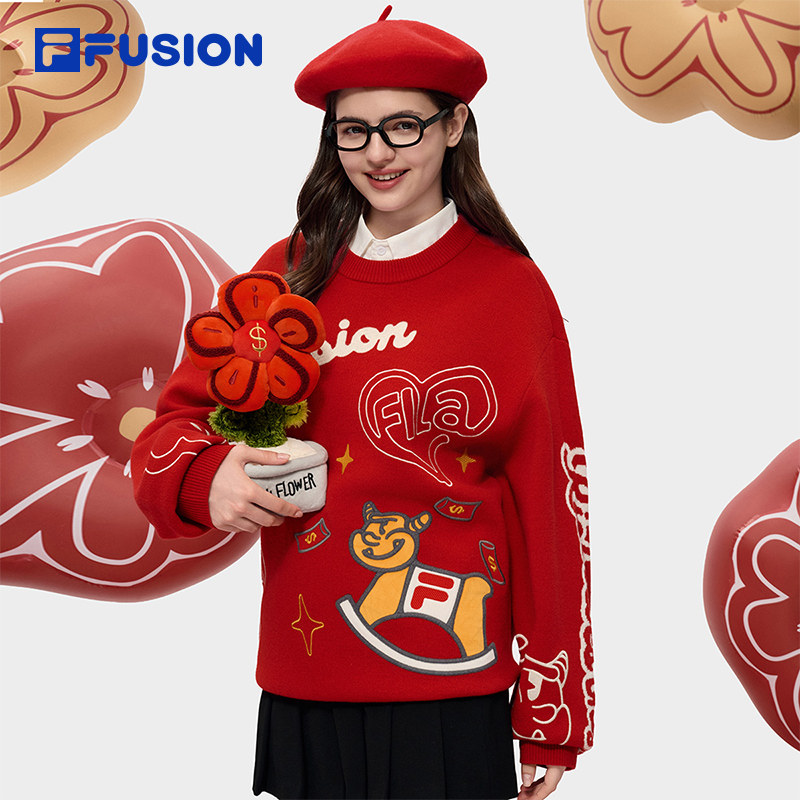 FILA FUSION斐乐潮牌女子编织衫2026春季新款红色新年