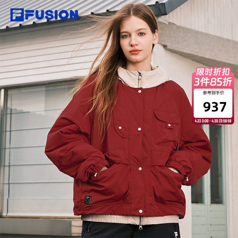 FILA FUSION斐乐潮牌棉服女2026春新款休闲宽松红色外套连帽夹克