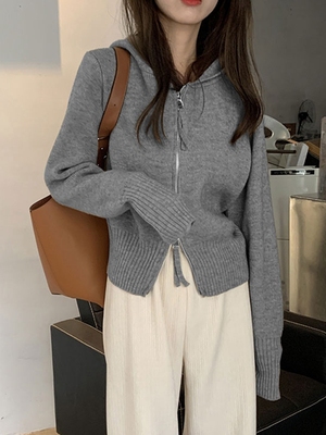 灰色连帽卫衣女宽松外穿毛衣开衫外套短款内搭针织衫加厚洋气百搭