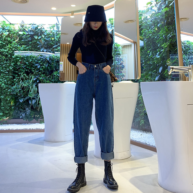 宽松哈伦牛仔裤女高腰萝卜2020秋冬泫雅显瘦高阔腿直筒九分老爹裤