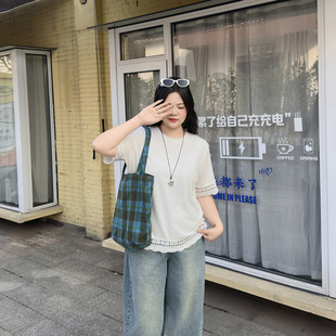 大码 胖MM设计感慵懒风镂空花边拼接短袖 休闲T恤衫 上衣 女装