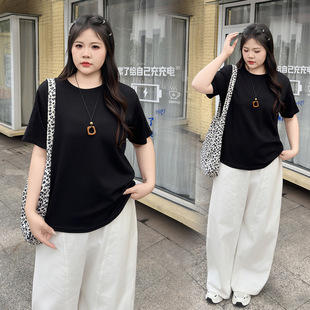 半袖 胖妹妹夏季 洋气蕾丝花边拼接圆领短袖 T恤上衣女大码