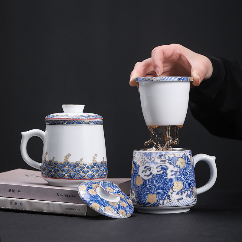 珐琅銮银青花瓷陶瓷马克杯带盖茶水分离办公杯家用泡茶杯送礼水杯