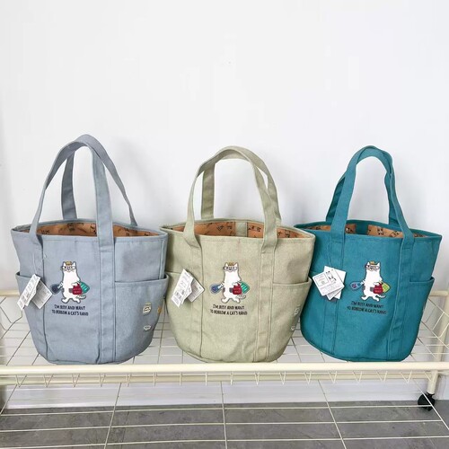 日本Kusuguru正品刺绣眼镜猫手提包水桶包手拎包帆布购物通勤400