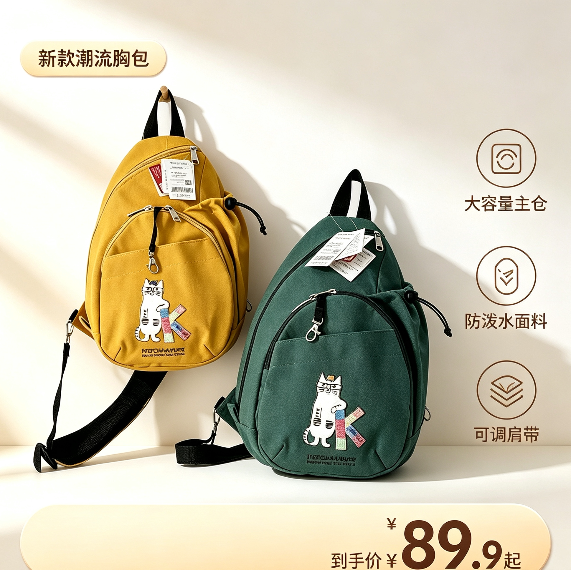 日系卡通猫咪刺绣胸包女帆布多功能双肩小背包休闲通勤斜挎小包60