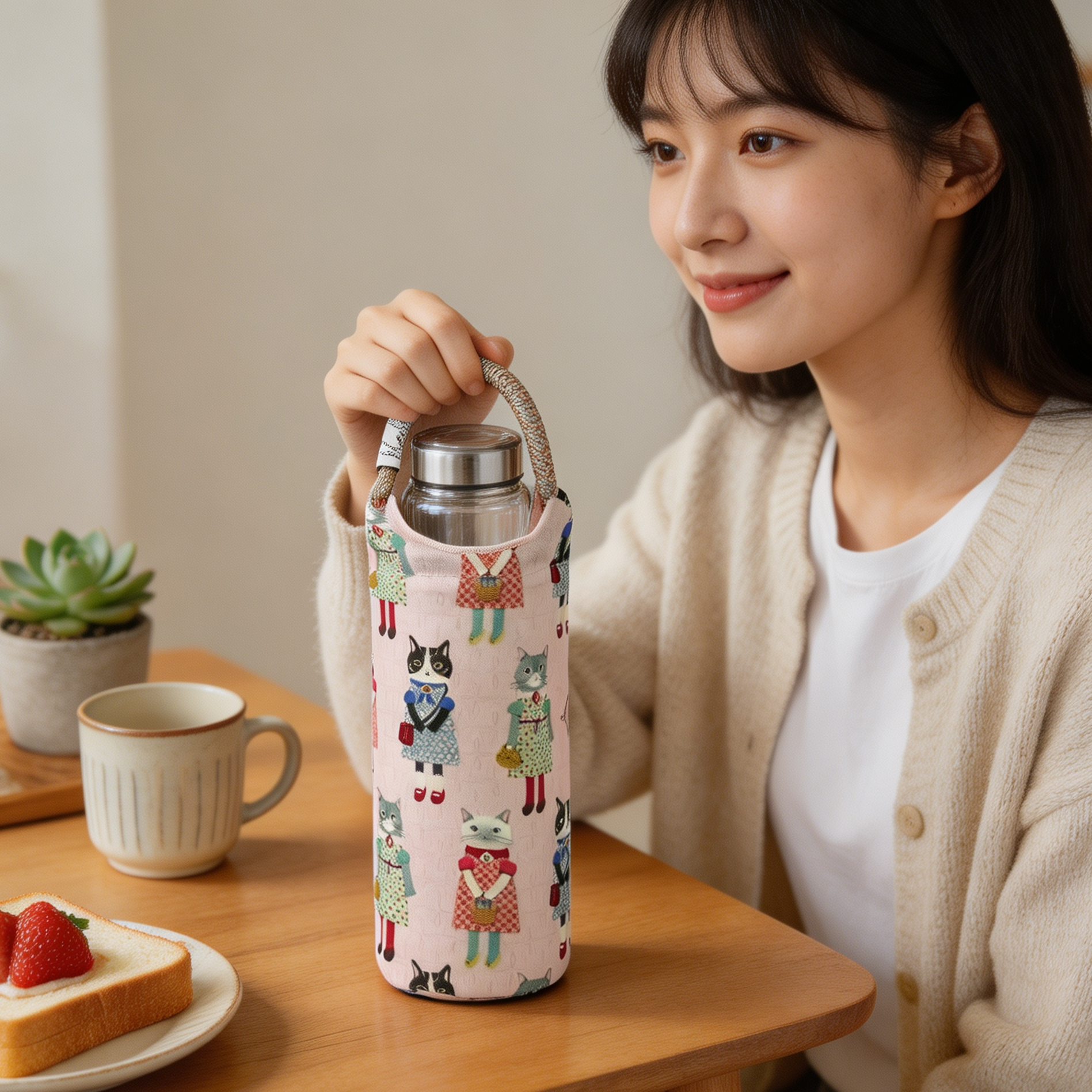 日本Kusuguru正品蜜豆满印猫杯套手拎手提式杯套锡箔保温保冷504