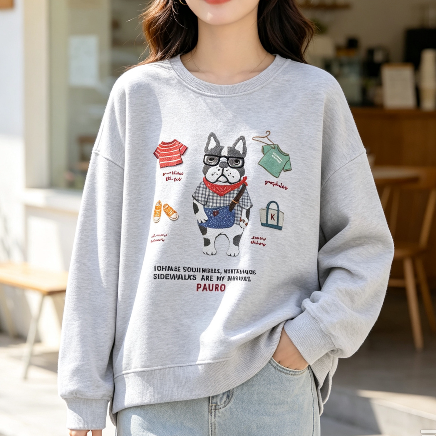 日系猫咪印花刺绣圆领卫衣女 前短后长侧开叉宽松纯棉套头上衣615