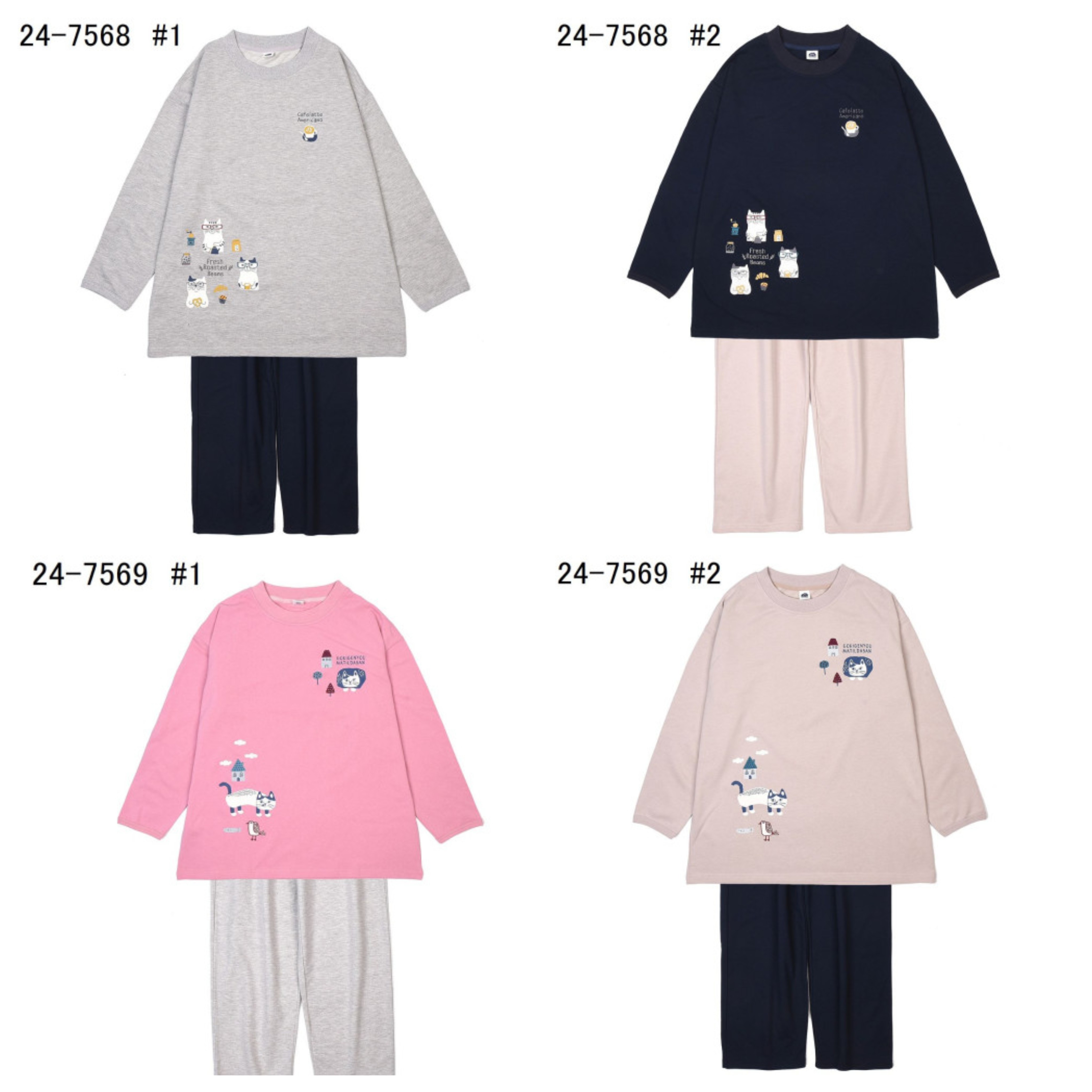 日本kusuguru家居套服圆领舒适猫咪刺绣长袖长裤卫衣套装女士231