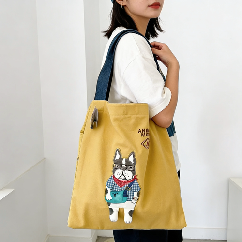 日本Kusuguru正品刺绣猫咪法斗单肩包手提包大号通勤包布艺包502