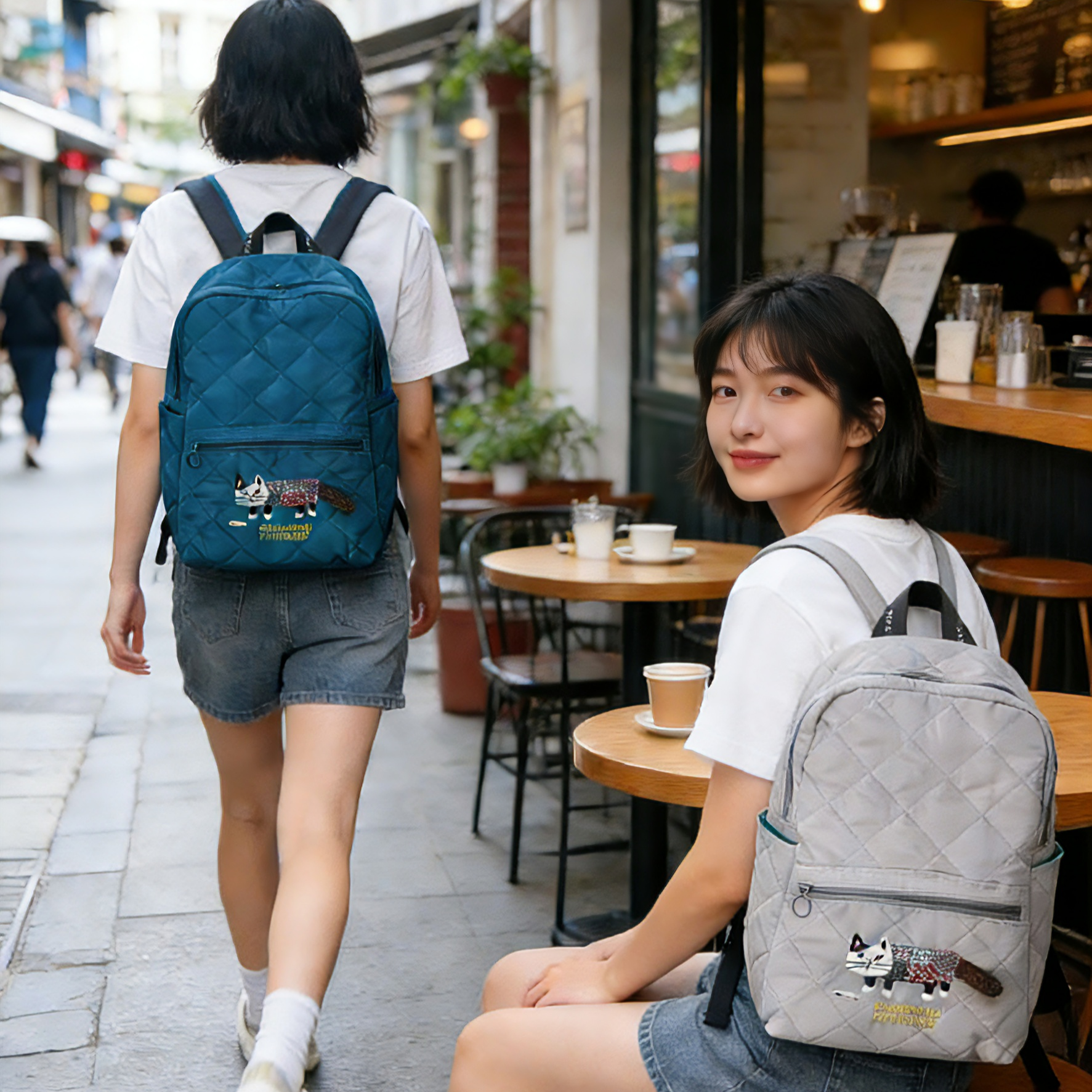 日本Kusuguru正品刺绣爬猫双肩包绗缝旅行背包补习包妈咪包427