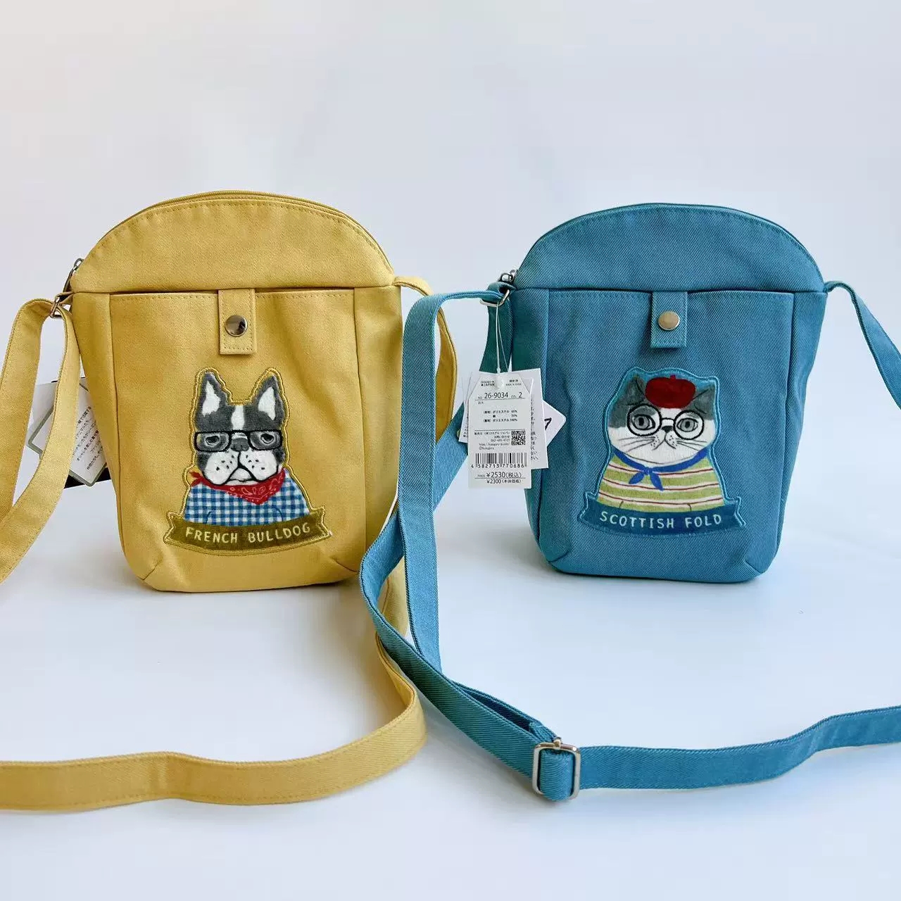 日本Kusuguru正品刺绣猫咪法斗斜挎包单肩包帆布通勤布艺卡通502