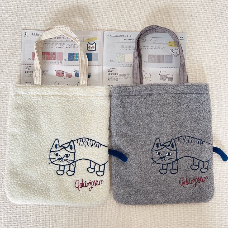 日本kusuguru品牌新款刺绣猫咪手提包布艺拼接手拎包ipad包补习包