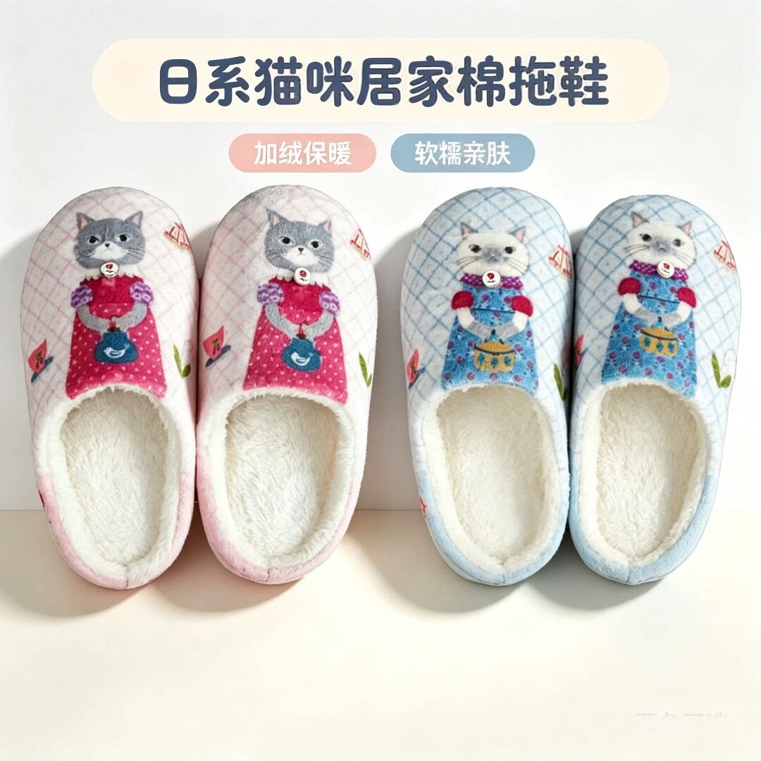 日本Kusuguru蜜豆数码印花拖鞋法兰绒地板拖静音拖保暖月子PR005