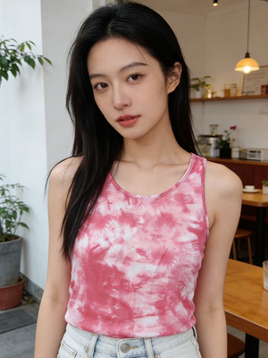 日单扎染粉色背心女夏季外穿宽松无袖T恤高弹力显瘦打底衫666