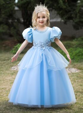 新款儿童灰姑娘公主裙万圣节Cinderella cos服网纱泡泡袖礼服裙