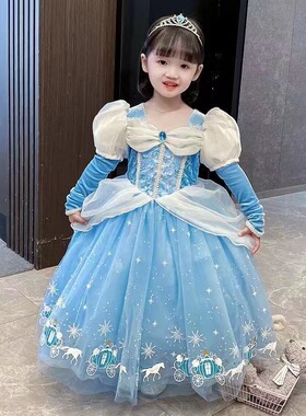 新款迪士尼女童灰姑娘公主裙万圣节Cinderella cos服幼儿园礼服裙