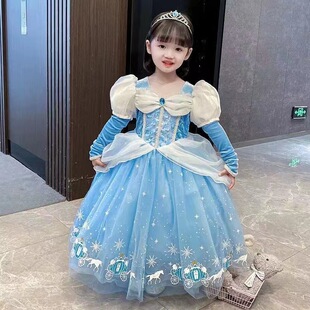 新款迪士尼女童灰姑娘公主裙万圣节Cinderella cos服幼儿园礼服裙