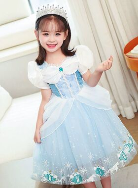 新款女童灰姑娘公主裙万圣节Cinderella辛德瑞拉cos高端礼服演出