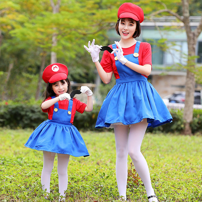 新款女童超级玛丽马里奥扮演服万圣节水管工cos幼儿园活动亲子装
