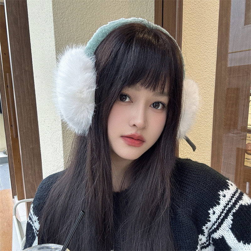 牛仔拼色毛绒耳罩女冬季加厚简约可折叠保暖耳捂子学生防冻耳套