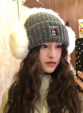 韩版可爱企鹅刺绣简约针织帽女秋冬季学生保暖护耳加厚毛线帽冷帽