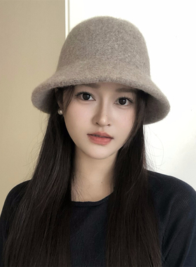 气质纯色羊毛渔夫帽女秋冬季文艺复古简约显脸小盆帽保暖水桶帽子