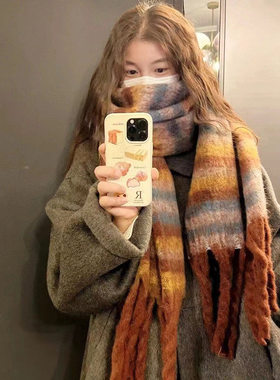 条纹流苏围巾氛围感时尚冬季保暖围脖披肩 潮流软糯流苏撞色围巾