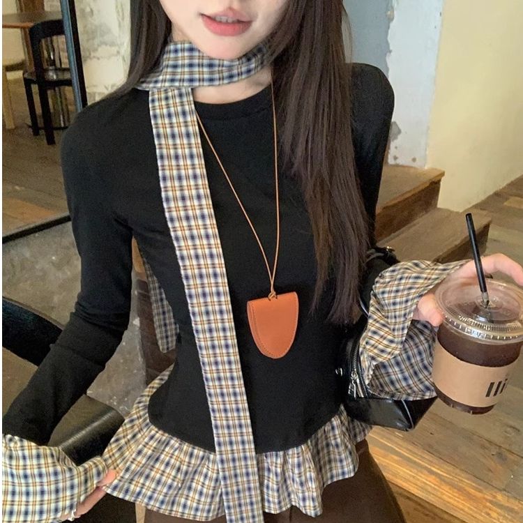 假两件拼接长袖T恤女2025