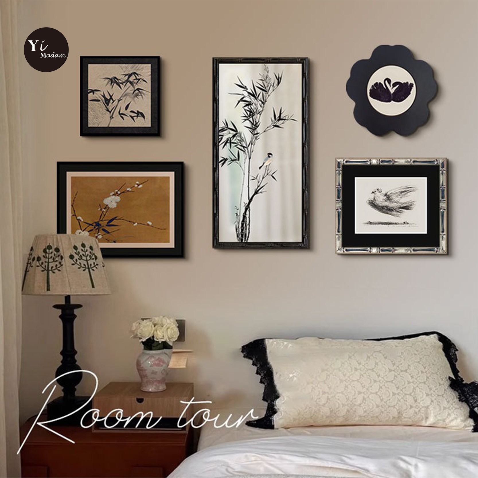 墨竹镜子装饰画法式中国风客厅组合挂画中古花鸟书房卧室镜面挂画