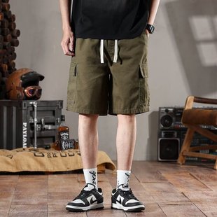 纯棉中裤 美式 男潮牌宽松阔腿休闲百搭五分裤 短裤 子 街头多口袋工装