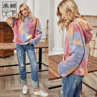 INS超火慵懒宽松连帽卫衣秋冬加厚渐变扎染麿毛T恤前袋兜胖MM显瘦