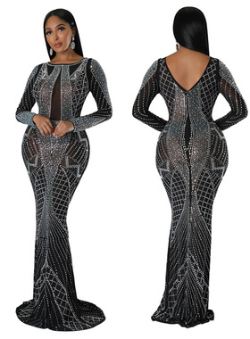 Women Dress Maxi Sequin Long Sleeve Party Dresses long black