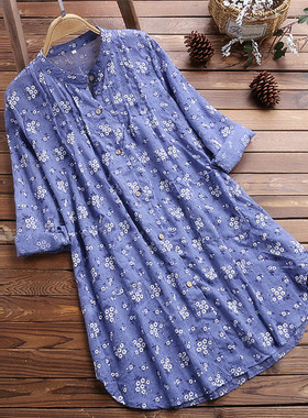 Women Long Shirts Blouse Cotton Tops Ladies小碎花女长衬衫5XL
